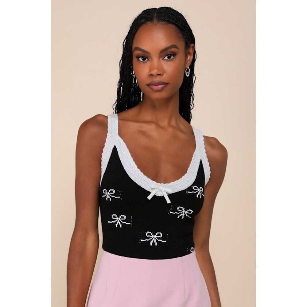 Lulus On The Bow Black And Ivory Bow Sweater Knit Tank Top - Size L